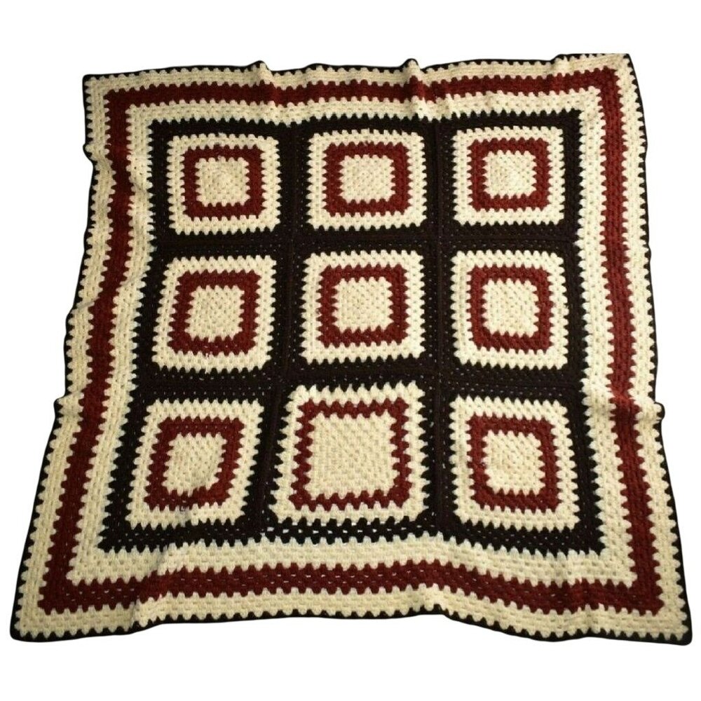 Vintage Ivory Rust Brown Crochet Granny Square Afghan Throw Baby Blanket